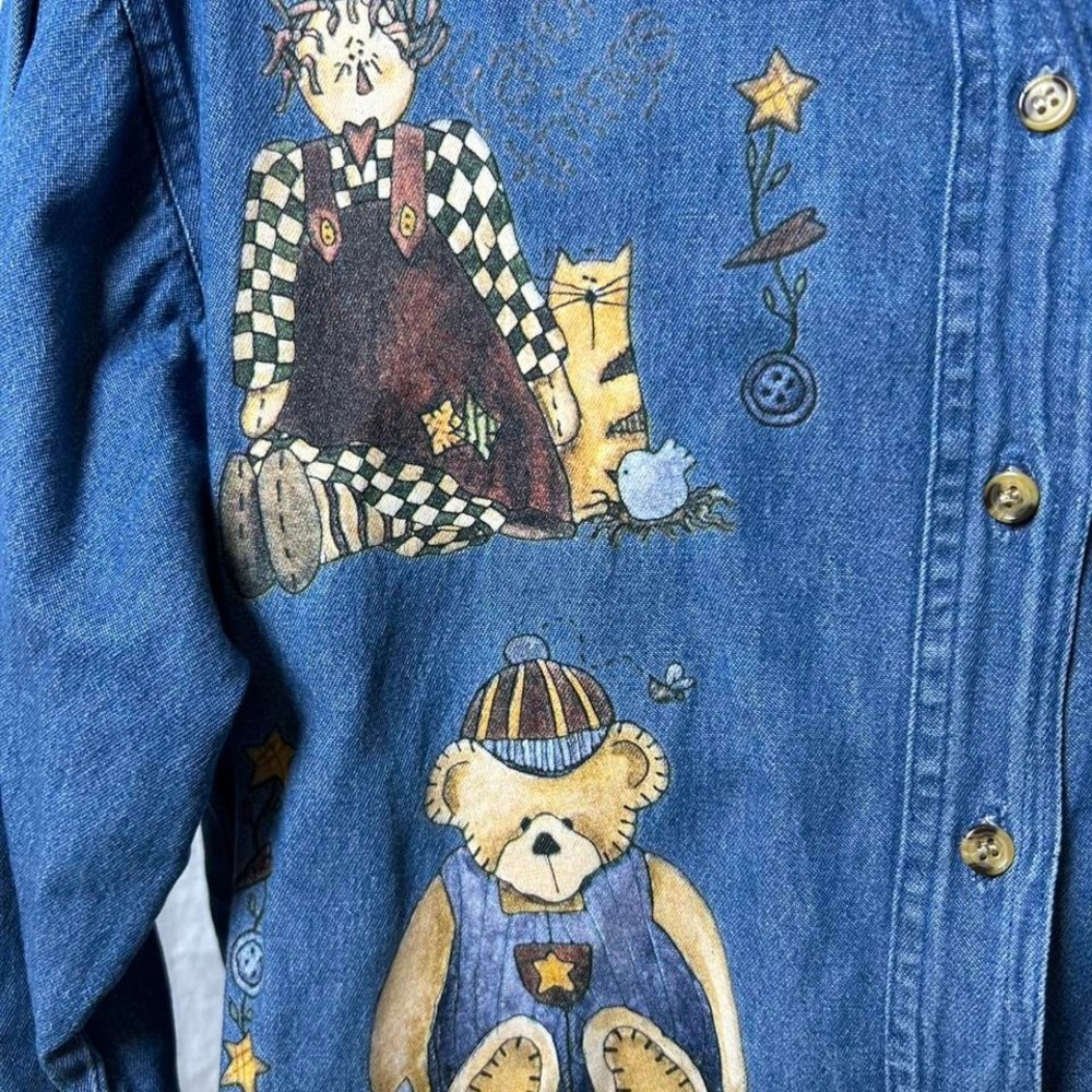 Vtg‎ Denim Novelty cottage Shirt Sz small  Teddy bear  Collar - Picture 4 of 6